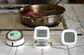 three thermometers in steak