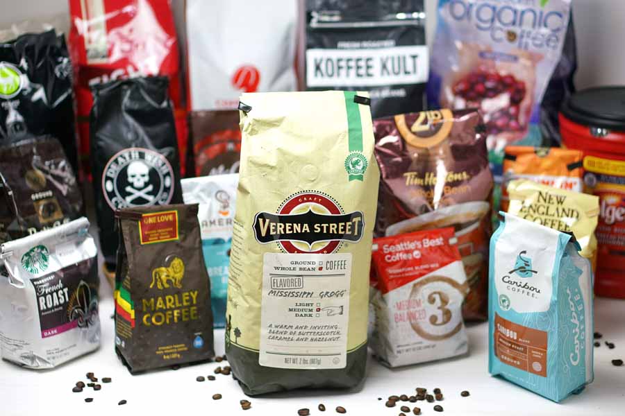 display of coffee bags and brands