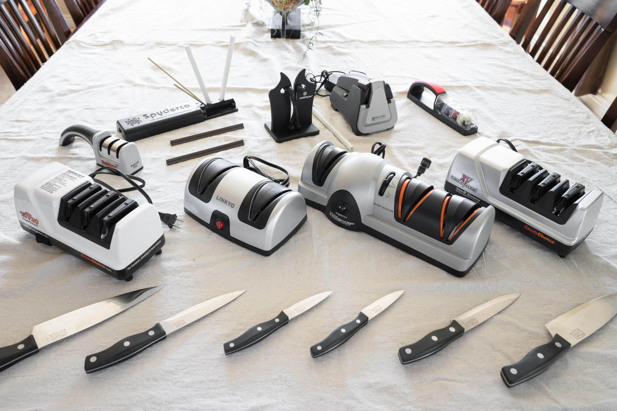 Ground of knife sharpeners on table