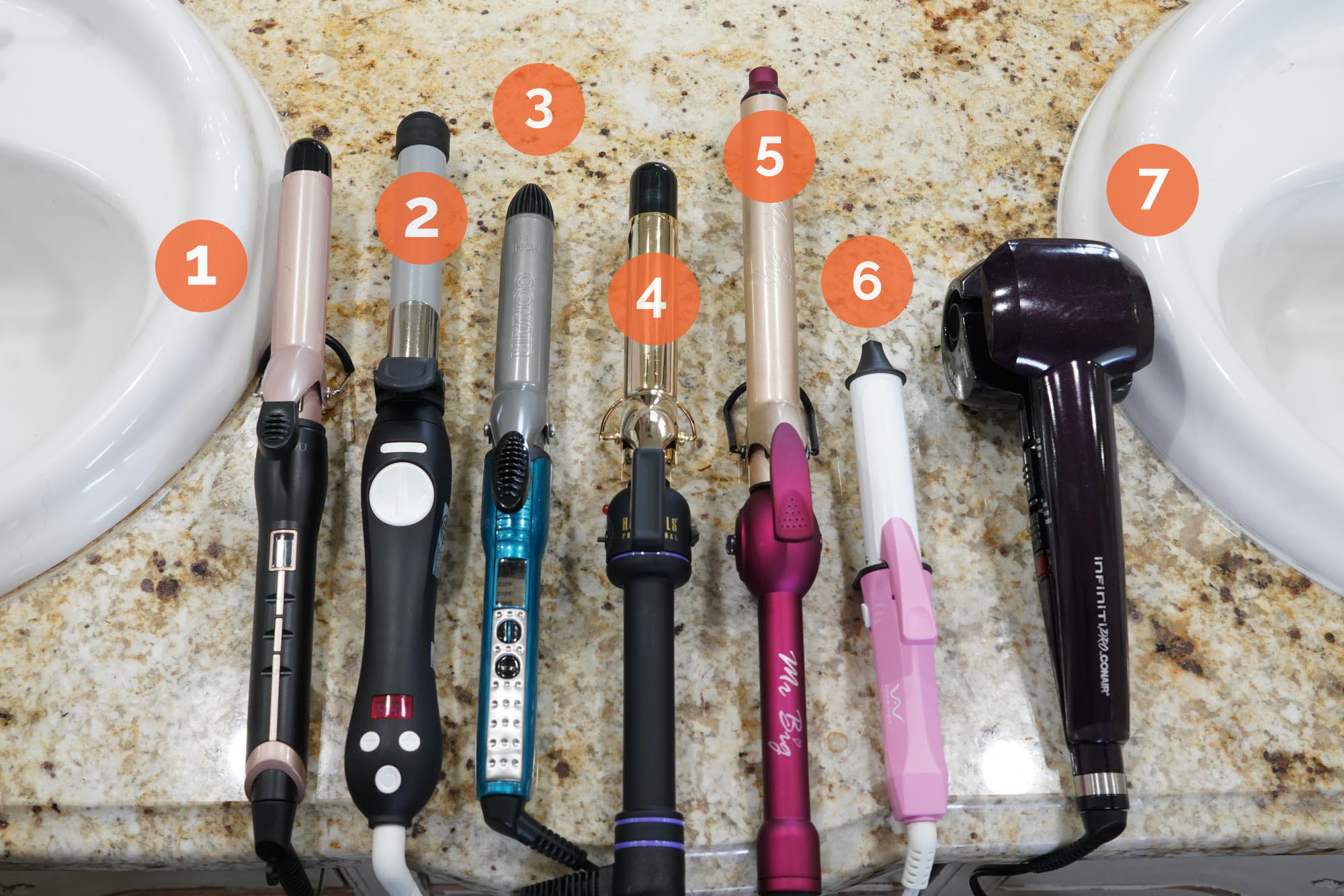 Seven curling irons with graphic numbers below