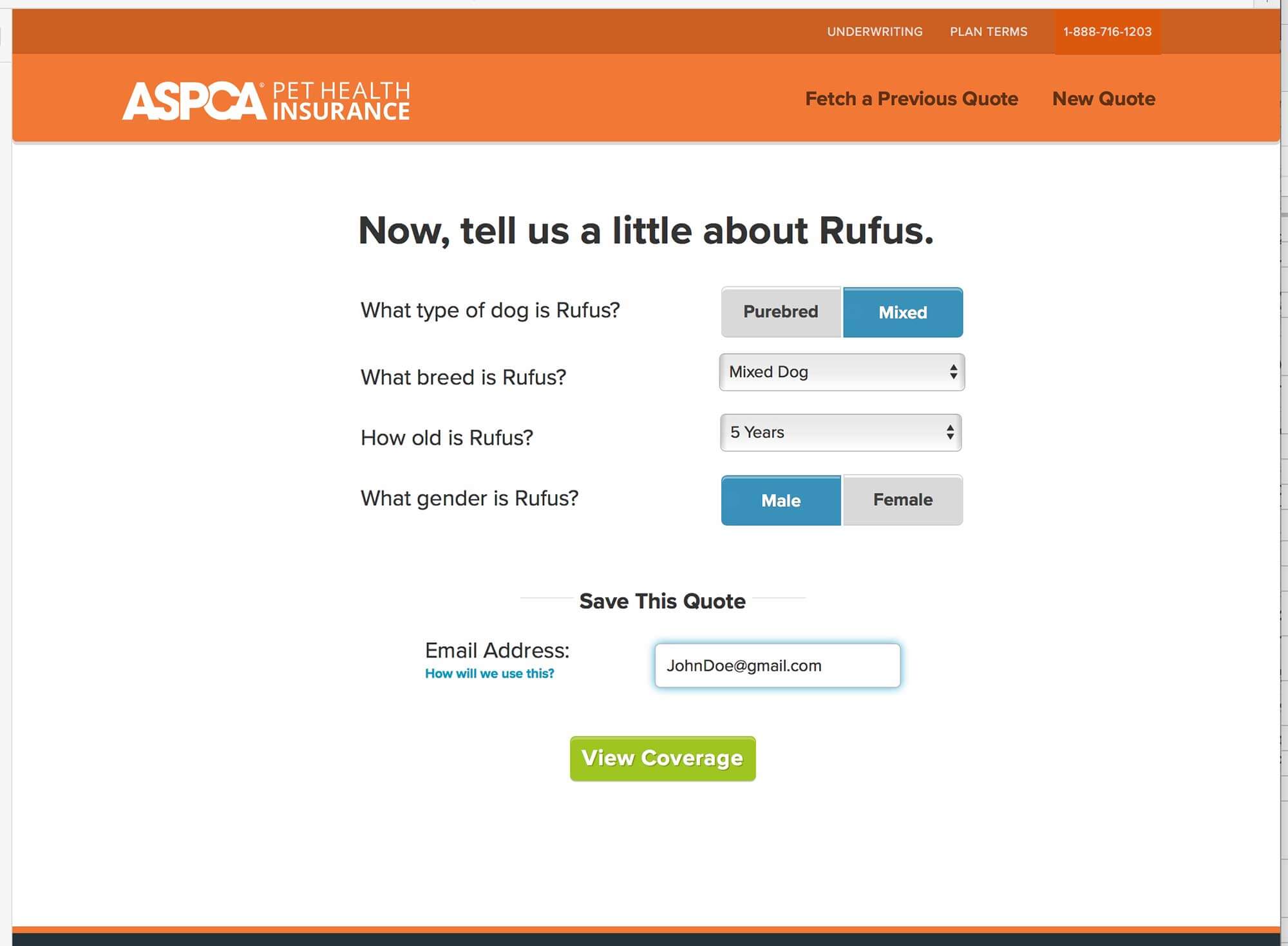 ASPCA quote tool first screenshot