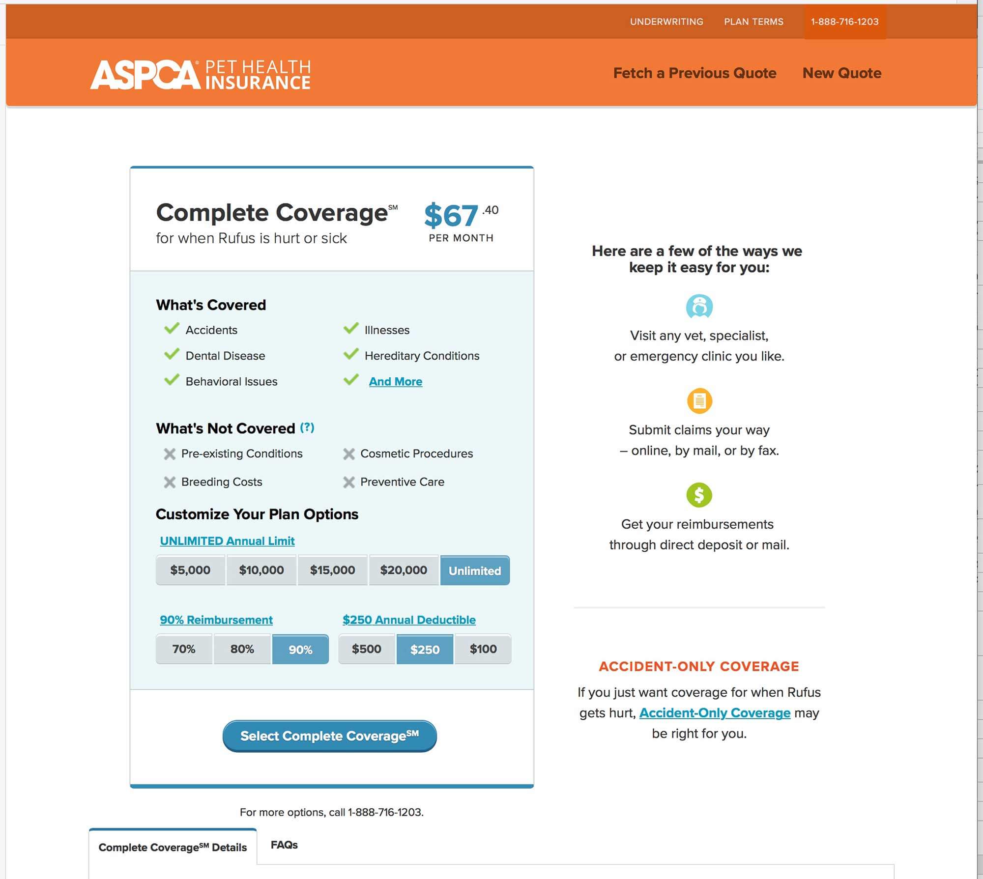ASPCA quote tool first screenshot