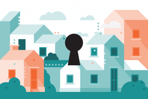 Illustration of houses with a keyhole cutout