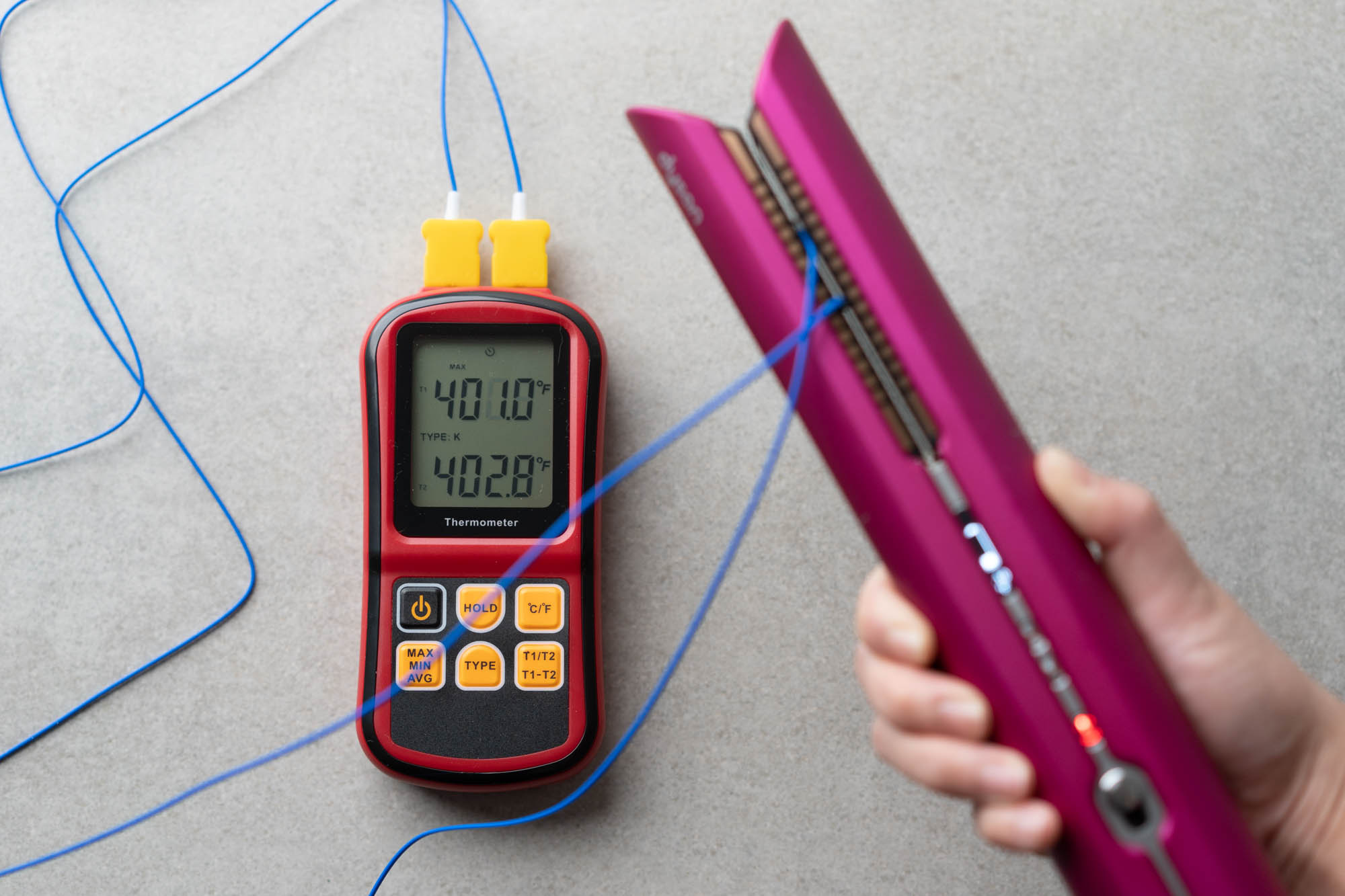 measuring hair straightener temperature with probe