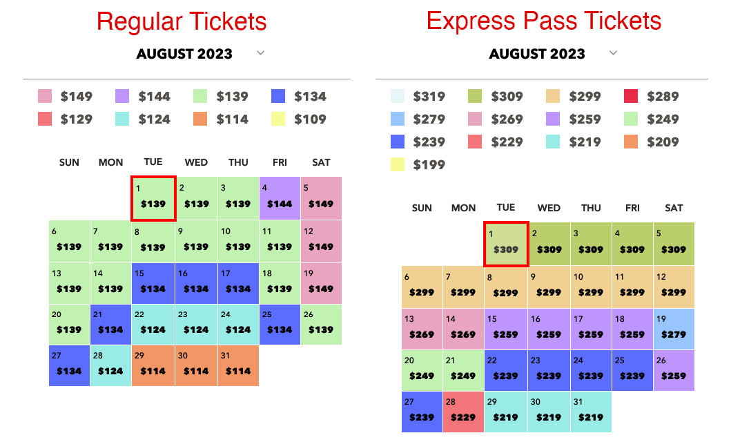 Universal Studios - regular tickets vs express pass prices