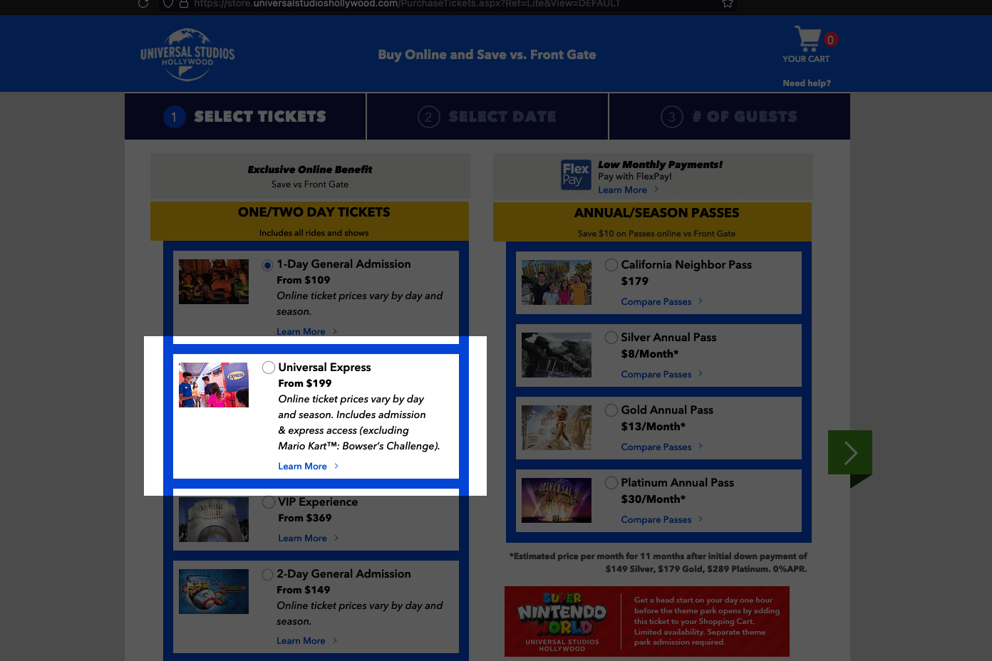 Universal Studios tickets page